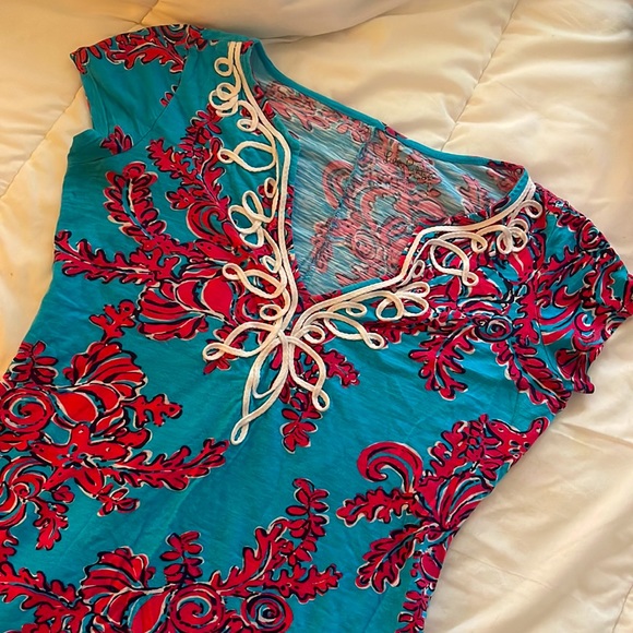 Lilly Pulitzer Brewster Blue Red White Applique Short Sleeve Cotton Dress - Picture 2 of 4